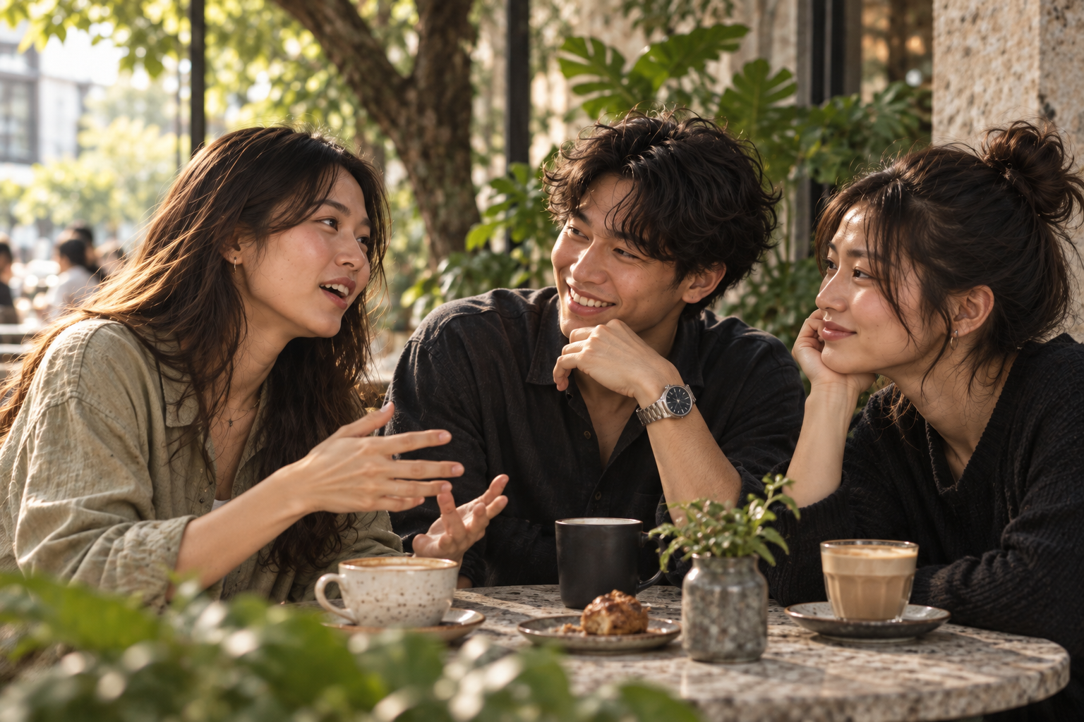 Three friends talking over coffee