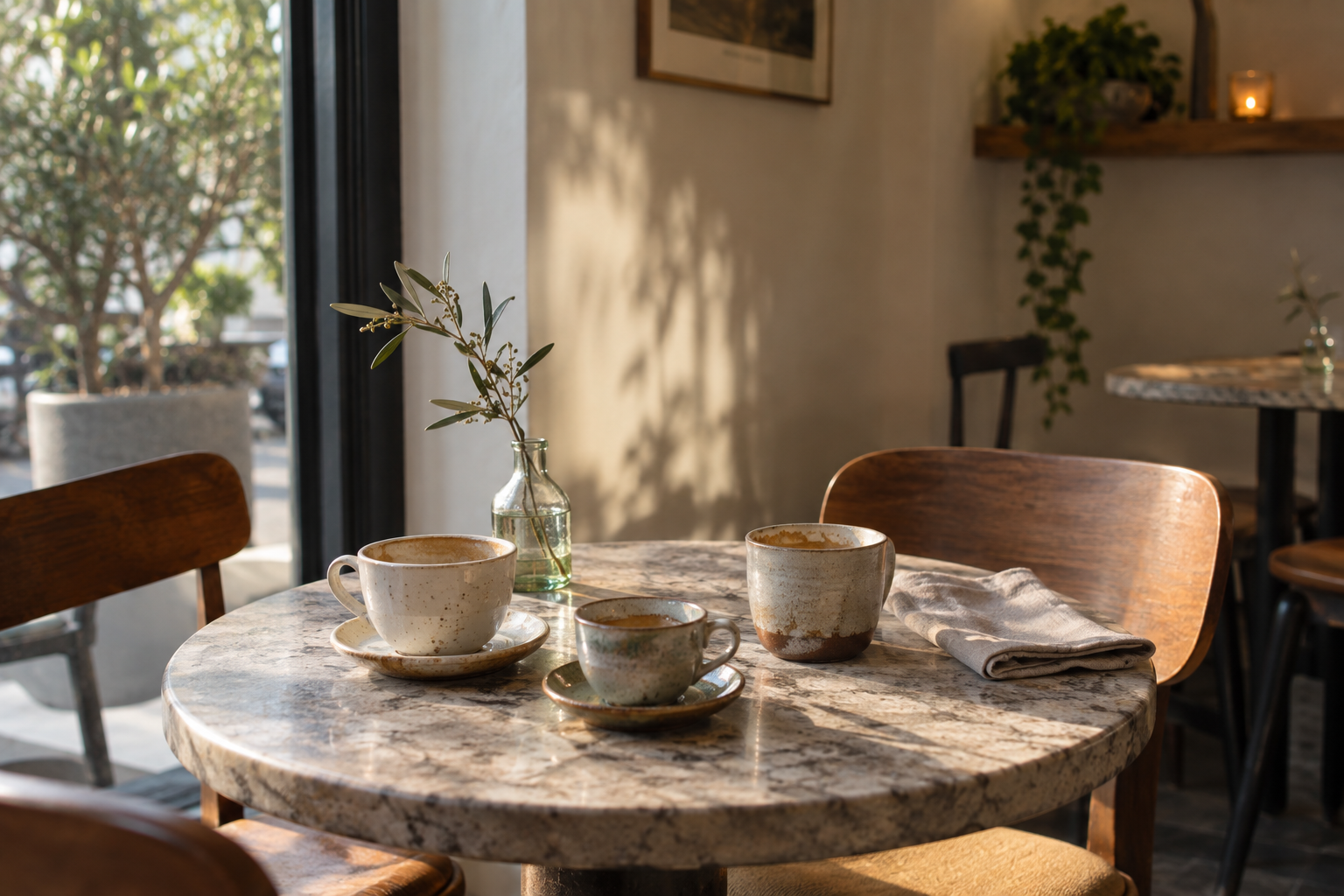An empty cafe table with three ceramic cups