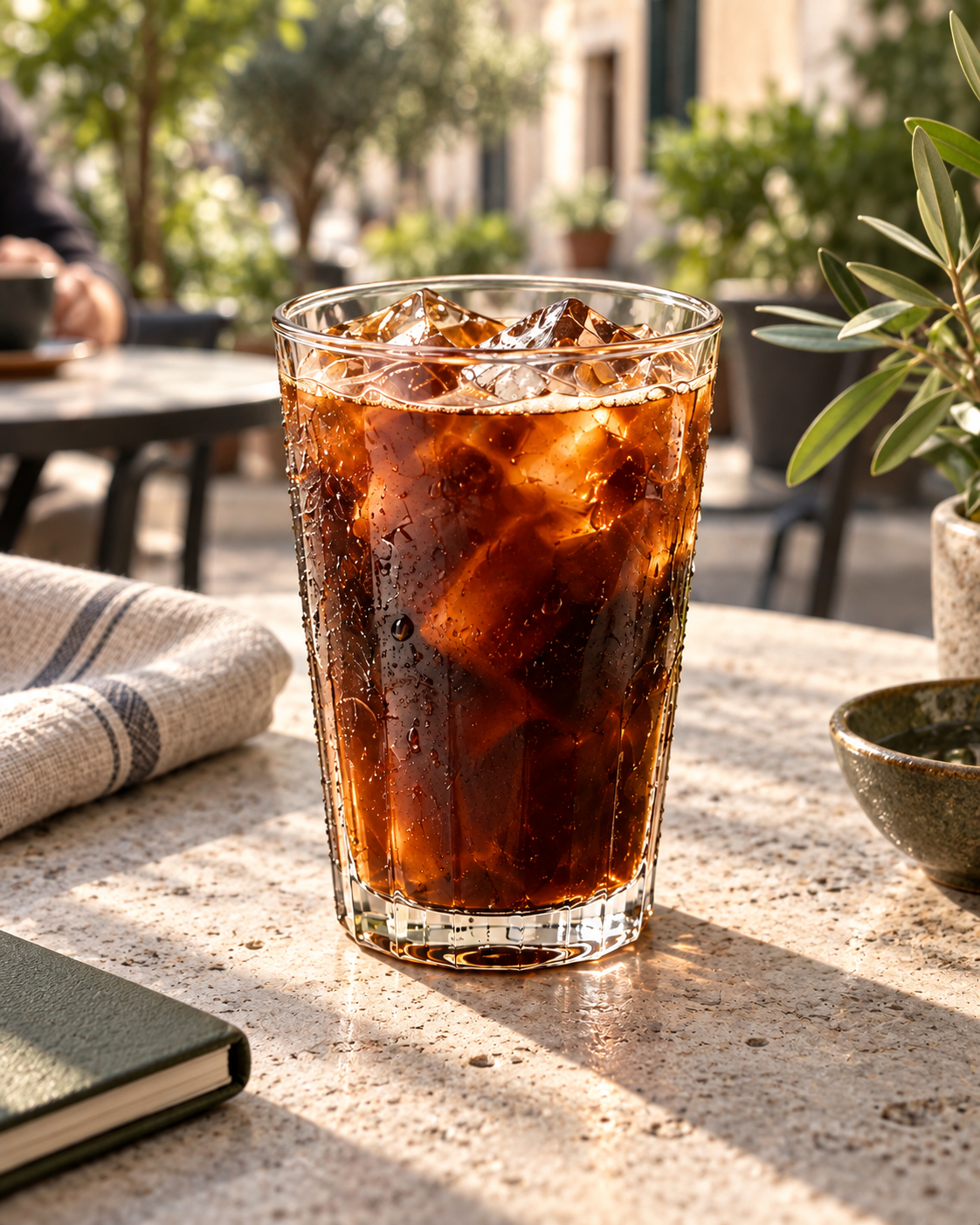 Iced Americano on a warm stone table