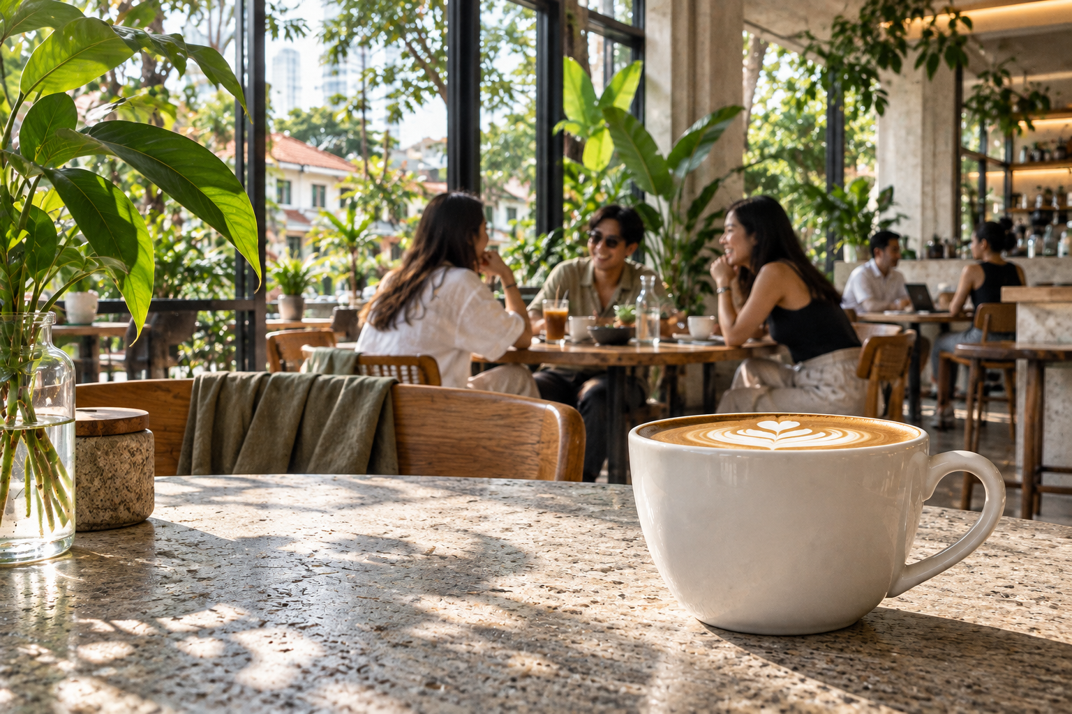 A coffee cup in a sunlit cafe